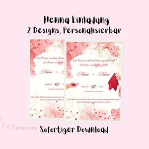 2 Convites Elegantes de Noite de Henna – Design Vermelho e Rosa (Download Digital)