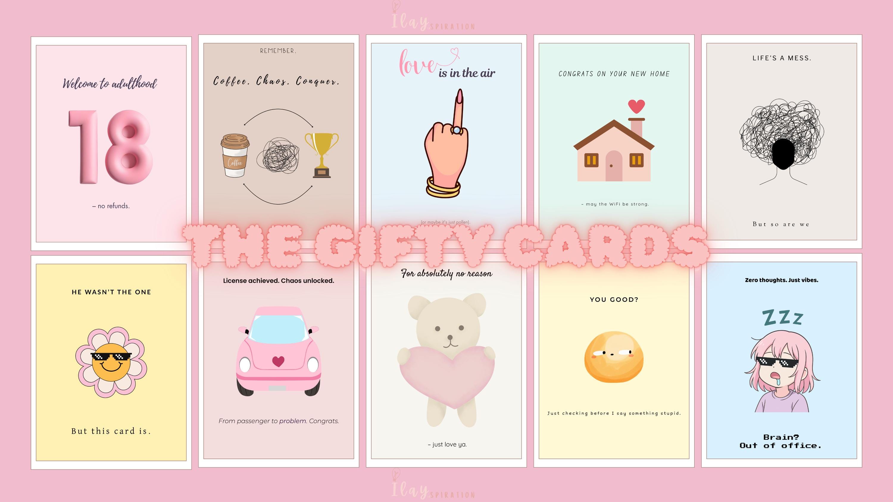 THE GIFTY CARDS – Cheeky greeting cards to print | 10 digital designs | Humorous cards for birthdays, moving, and everyday life | Instant download