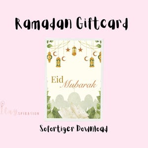 Cartão Eid Mubarak para imprimir | Cartão de felicitações islâmico digital com lanternas e mesquita