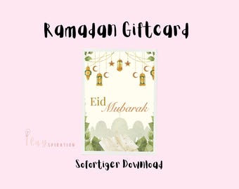 Eid Mubarak card to print | Digital Islamic greeting card with lanterns & mosque