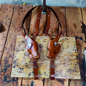 Premium Leather Vertical Roto Double Shoulder Holster for Ruger Models - Hand Molded Shoulder Gun Holster with tie down straps.