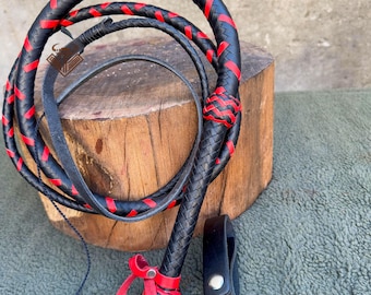 Black & Red Kangaroo Hide Leather Whip – 12/16 Plaits, Professional Standard, Premium Kangaroo Leather, Indiana Jones Style, Loud Cracking