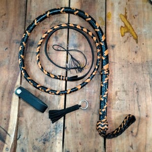 Multi Color Kangaroo Hide Leather Bullwhip with free whip holster and Extra Crackers, 4ft to 12ft, 12/16 Plait Bullwhip Indiana Jones Styles