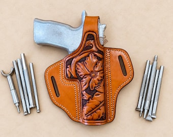 Premium Floral Hand Carved Leather Holster - OWB Western Holster with Thumb Break