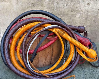 16 Plait Cowhide Bullwhip in 4ft to 12ft, Indian Jones Style, Replica in Color Natural Tan, Reddish Brown, Brandy and Black