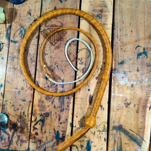 Tan Color Kangaroo Hide Leather Bullwhip With White Fall, 4ft to 12ft, 12/16 Plait Professional Bullwhip Indiana Jones Styles