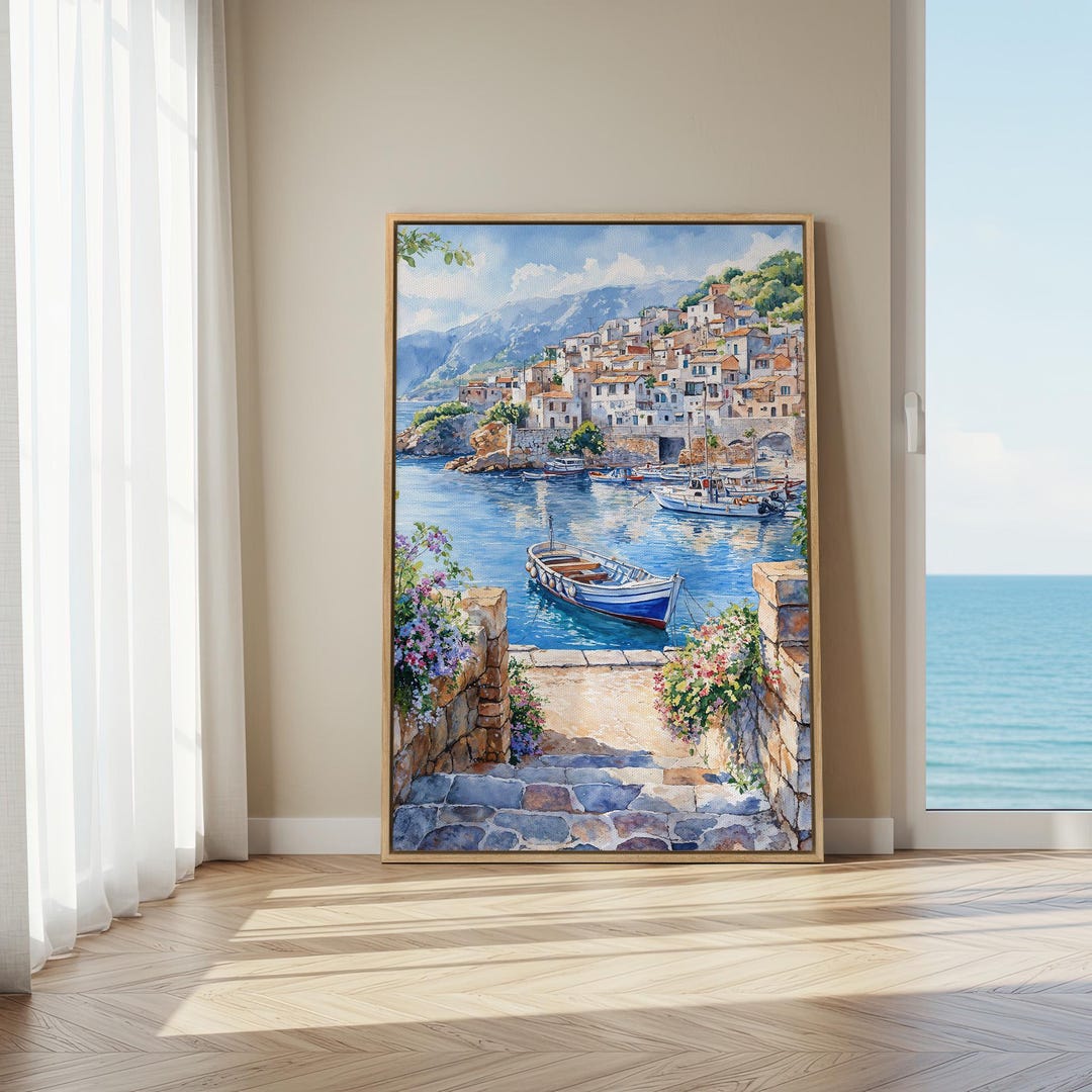 Mediterranean Harbor Scene Framed Canvas Print: Coastal Wall Art - Etsy