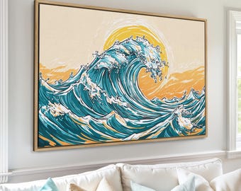Giant Ocean Wave Art - Framed Canvas Print - Coastal Canvas, Seascape Art, Nautical Large Wall Art, Great Wave Print, Beach House Decor Gift
