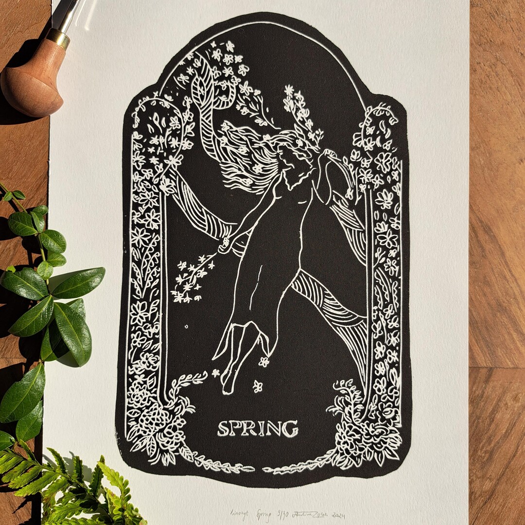 Spring, Personification, Features of Art Nouveau, Seasons, Linocut ...