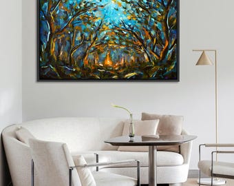 Abstract Forest Path Wall Art, Large 36x24 Canvas with Floating Frame, Colorful Trees Painting, Oversized Nature Wall Décor Living Room
