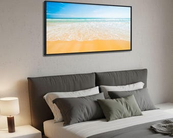 Golden Beach Shoreline Wall Art, Large 36x24 Coastal Ocean Canvas with Floating Frame, Oversized Seascape Print for Living Room