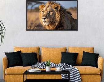 Lion Wildlife Wall Art / Safari Animal Print / Framed Canvas / Rustic Lodge Decor / Horizontal 36x24