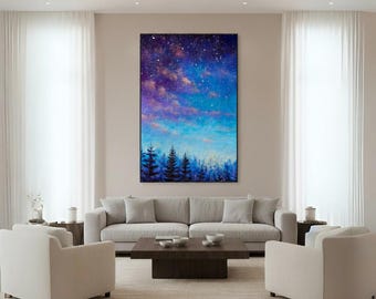 Starry Forest Canvas Wall Art – Night Sky Over Pine Trees, 24x36 Black Floating Frame, Large Nature Decor for Bedroom, Meditation Room