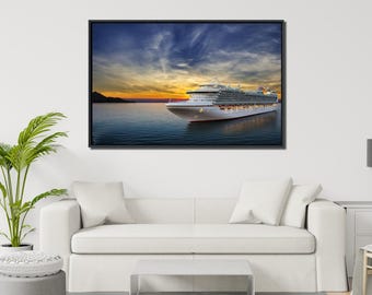 Cruise Ship Sunset Wall Art, Large 36x24 Nautical Canvas with Floating Frame, Oversized Ocean Seascape Painting, Coastal Wall Décor