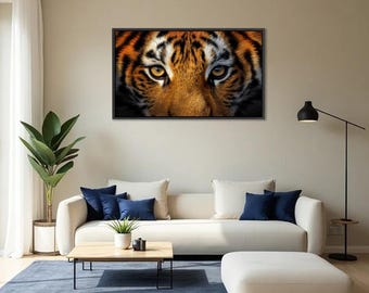 Wildlife Tiger Print / Large Horizontal Safari Decor / Framed Canvas in Floating Frame / Bold Big Cat Artwork / 36x24 Inch