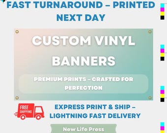 May include: A banner with the text "CUSTOM VINYL BANNERS" in white on a gradient background of pink and blue. The text "PREMIUM PRINTS - CRAFTED FOR PERFECTION" is in white on a white rectangle with a blue border. The text "EXPRESS PRINT & SHIP - LIGHTNING FAST DELIVERY" is in blue on a white background. A red truck with the text "FREE SHIPPING" is in the lower left corner. The text "New Life Press" is in white on a green rectangle.