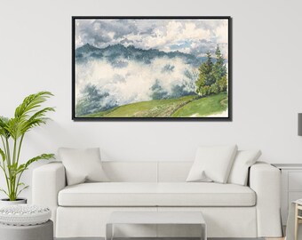 Misty Mountain Wall Art, Large 36x24 Mountain Artwork with Floating Frame, Nature Landscape Canvas, Oversized Mountain Paintings Living Room