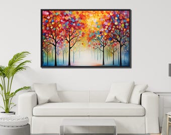 Colorful Forest Wall Art, Large 36x24 Abstract Landscape Canvas with Floating Frame, Oversized Nature Décor for Living Room