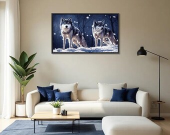 Wolf Canvas Print / Large Wildlife Wall Decor / Floating Frame Option / Rustic Lodge Artwork / Forest Snow Scene / Horizontal 36x24 Inch