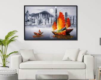 City Skyline with Sailboats Wall Art, Large 36x24 Urban Canvas with Floating Frame, Modern Harbor Painting, Oversized Nautical Wall Décor