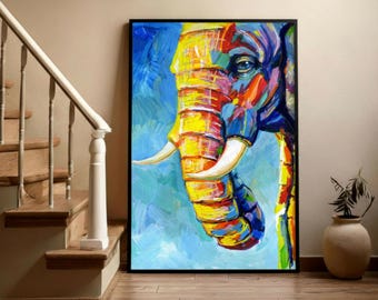 Soulful Elephant Canvas Wall Art, Abstract Animal Portrait, 24x36 Vertical, Colorful Boho Decor for Bedroom or Entryway