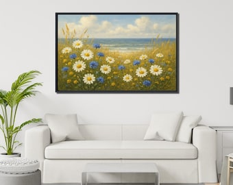 Seaside Daisy Meadow Wall Art, Large 36x24 Coastal Canvas with Floating Frame, Floral Ocean Painting, Oversized Beach House Wall Décor