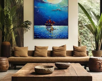 Moonlit Ocean Canvas Wall Art – Red Sailboat Under Full Moon, 24x36 Black Floating Frame, Coastal Nautical Decor for Bedroom