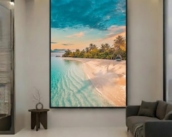 Large Beach Wall Art Coastal Ocean Canvas 26x36 Vertical Print Hammock and Palm Trees Sunset Tropical Wall Decor Floating Frame Black