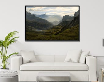 Misty Mountain Wall Art, Large 36x24 Landscape Canvas with Floating Frame, Rustic Mountain Artwork, Oversized Nature Wall Décor Living Room