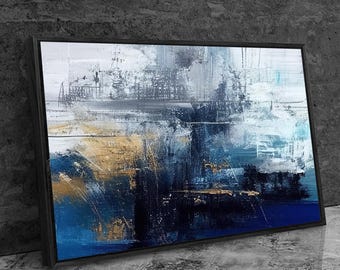 Abstract Blue and Gold Wall Art, Large 36x24 Modern Canvas with Floating Frame, Oversized Navy White Painting, Contemporary Luxury Décor