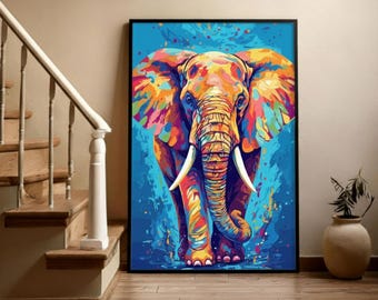 Majestic Elephant Canvas Wall Art, Vibrant Abstract Animal Print, 24x36 Vertical, Boho Decor for Living Room or Office