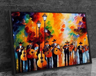 Colorful Musicians Wall Art, Large 36x24 Abstract Music Canvas with Floating Frame, Oversized Guitar Band Painting, Modern Jazz Wall Décor