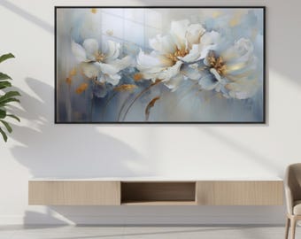 Large Floral Canvas Wall Art 36x24, Framed White Floral Giclée Canvas with Floating Frame, Horizontal Wall Decor