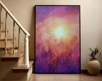 Abstract Sunset Wall Art, Large Canvas Painting 24x36, Purple Orange Modern Decor, Warm Sunrise Landscape Print for Living Room