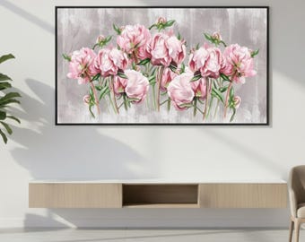 Large Floral Canvas Wall Art 36x24, Framed Pink Flower Giclée Canvas with Floating Frame, Horizontal Wall Decor