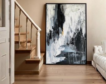 Abstract Black and White Wall Art – 24x36 Vertical Canvas with Floating Frame, Modern Large Wall Art for Living Room & Office Decor