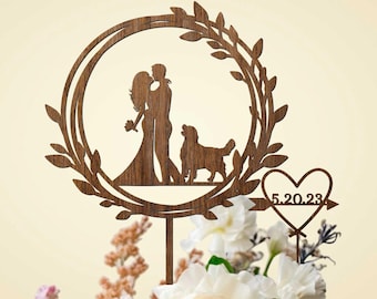 Boho Floral Wedding Cake Topper with Dog: Wooden Wreath