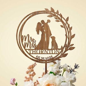 Floral Wreath Wedding Cake Topper with Dog: Boho Wood Decor
