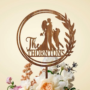 Floral Wreath Wedding Cake Topper with Dog: Custom Wood Anniversary Decor