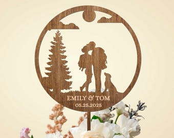 Mountain Wedding Cake Topper: Hiking Couple, Adventure Theme