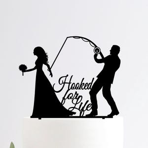 Noivo puxando a noiva para o topo do bolo de casamento, Noivo arrastando a noiva para o topo, Topo do bolo de pesca, Melhor captura de todos os tempos, Fisgado para a vida, Presente