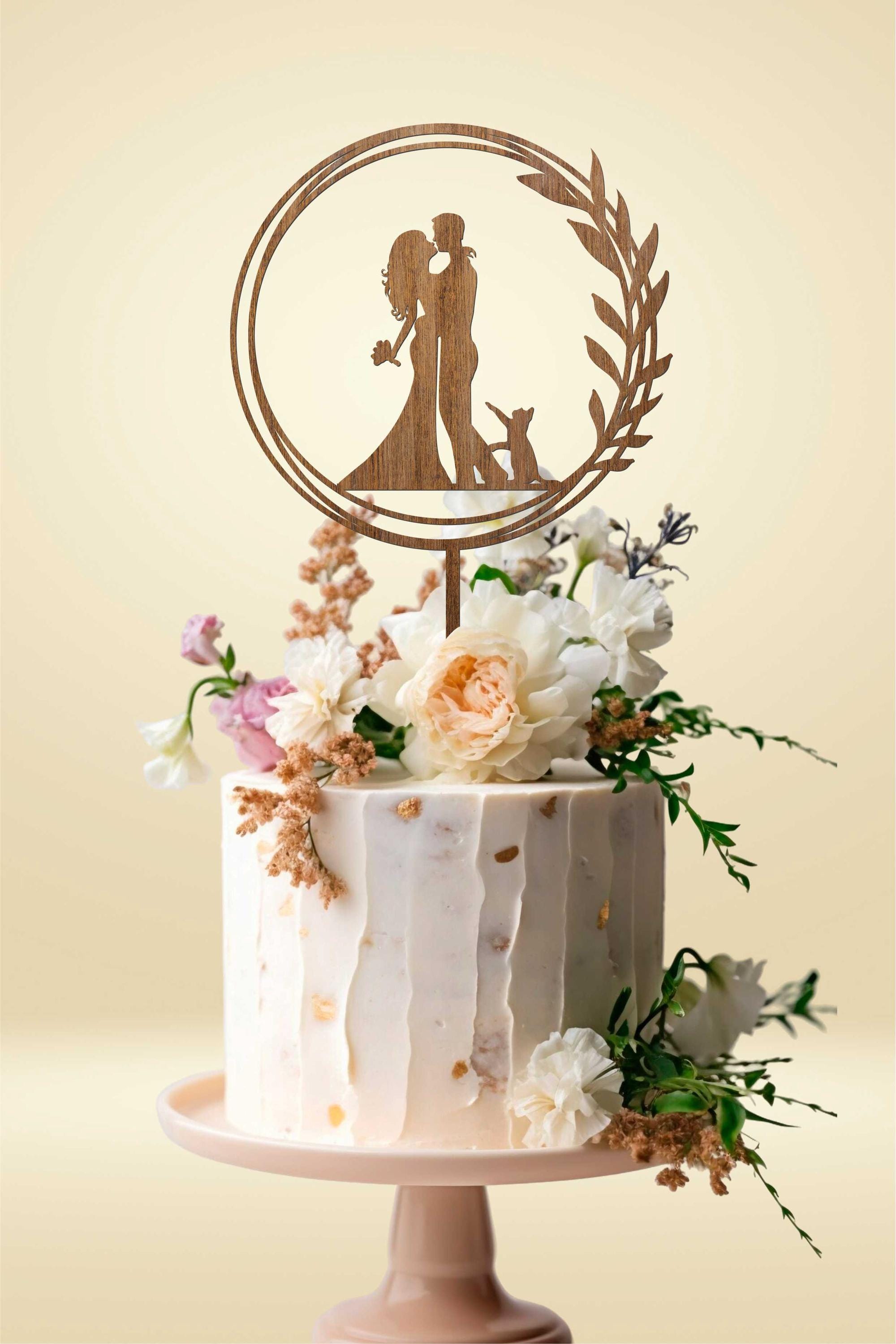 Floral Wreath Wedding Cake Topper with Cat: Boho Wood Cake Decor