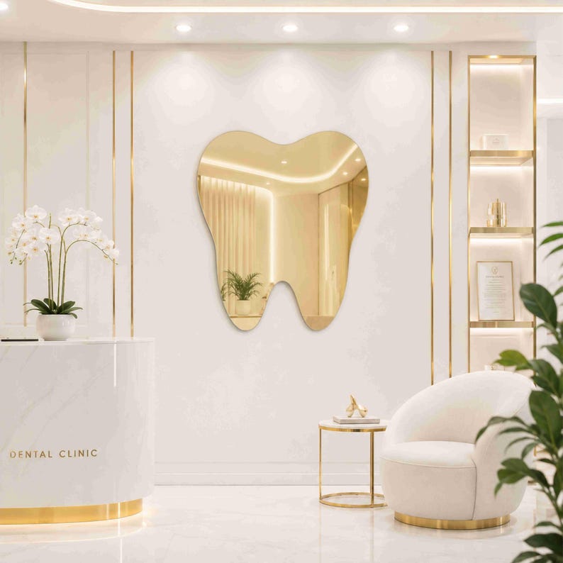 May include: A tooth-shaped wall mirror with a reflective surface, mounted on a white wall. The mirror features a smooth, curved outline resembling a molar, providing a clear reflection of the interior space and a potted plant within the room.