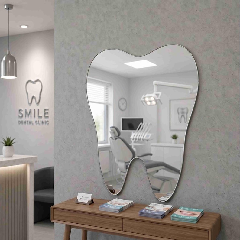 May include: A wall-mounted mirror shaped like a human tooth with a thin silver frame. The mirror reflects a dental office interior, including a dental chair, medical equipment, and a framed tooth illustration on the wall behind the viewer.