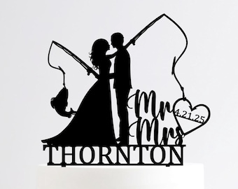 Fishing Wedding Cake Topper, Mr&Mrs Cake Topper, Personalized Cake Topper, Fishing Poles With Date, Fisherman Cake Topper, Hooked for Life