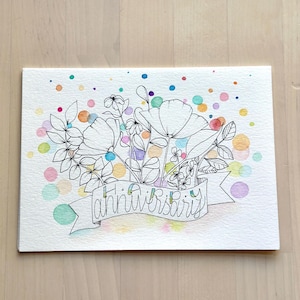 Tarjeta de feliz aniversario hecha a mano con acuarela: tarjeta floral con interior en blanco