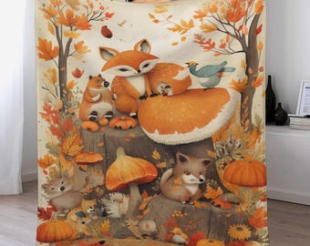 Autumn Flannel Blanket – 9 Cozy Designs – Fall Cabin, Pumpkin Field, Woodland – Super Soft Throw – 4 Sizes for Adults & Kids