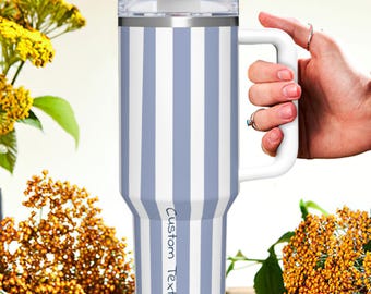 Personalized Striped 40oz Tumbler with Handle, Custom Name Cup, Minimalist Travel Mug, Insulated Hot Cold Stainless Steel Gift for Her