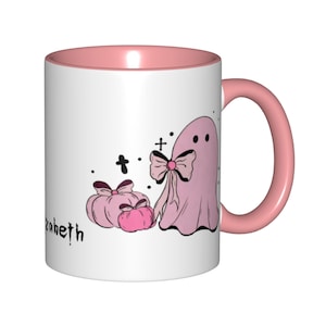 Personalized Halloween Mug – Cute Pink Ghosts, Skull & Pumpkins – Custom Name Ceramic Coffee Cup – Spooky Fall Gift for Her, Halloween Gift