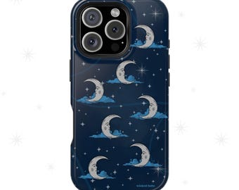 Whimsical Moonlit Sky Blue & Silver Phone Case - Celestial Moon and Stars iPhone Samsung